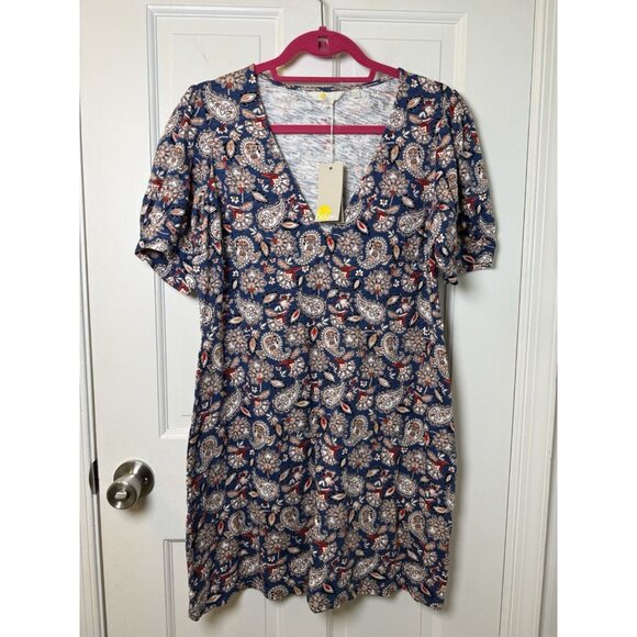 NWT BODEN V Neck Puff Sleeve Paisley Print Jersey Mini Dress 100% Cotton Sz 12P - Picture 1 of 13